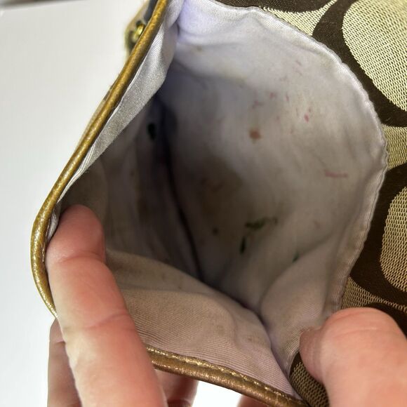 Coach Tan Brown Signature Canvas Champagne Gold Stripe Small Crossbody Bag - Picture 9 of 13